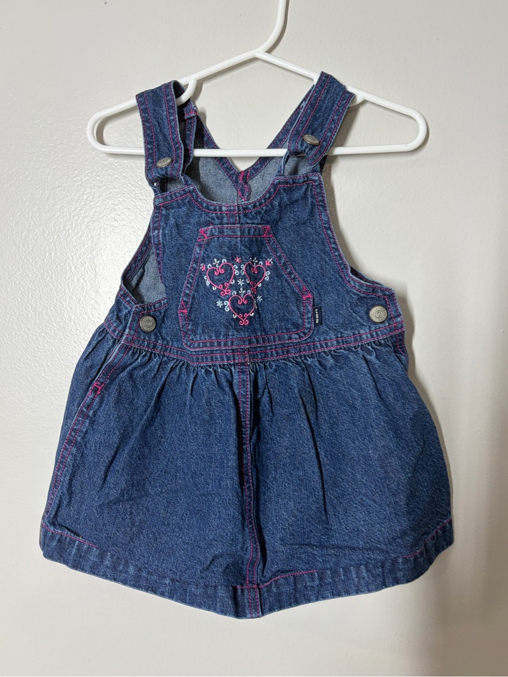 Vintage Denim Overall Dress with Pink Embroidery size 18 months